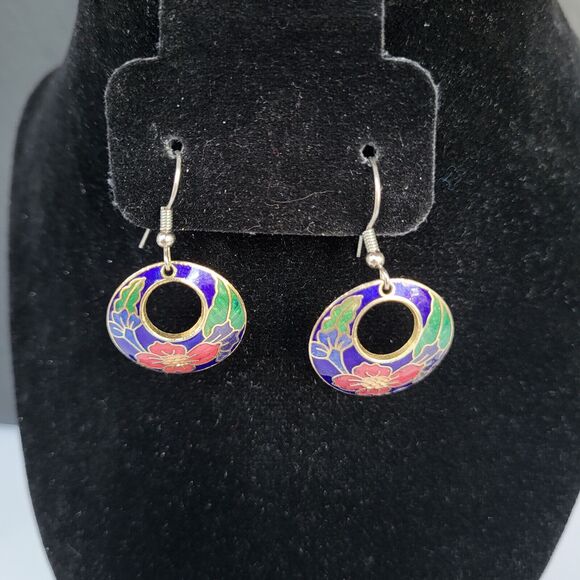 vintage cloisonne earrings on sterling silver hooks 1.5 in - Picture 3 of 4